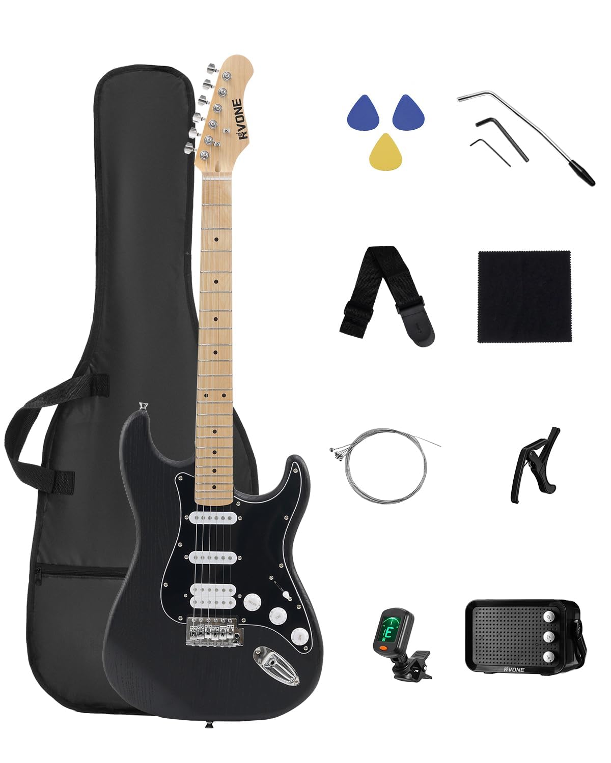 RVONE RST-150 39-Inch Right-Handed Electric Guitar Kit, HSS, Amp, Black | 39-inc
