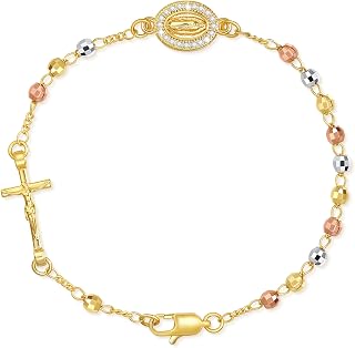 Women's Gold Virgin Mary Bracelet - 14K Gold Plated Religious Cross Bracelet,Dainty Golden Non Tarnish Virgen De Guadalupe Natural Stone Beaded Jewelry,Catholic Faith Baptism Confirmation Gift for Her