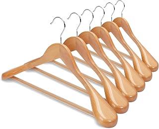 HOUSE DAY Set of 6 Wide Shoulder Wooden Suit Hangers with Non-Slip Trouser Bar, Smooth Finish, 360° Swivel Hook, High Quality Solid Wood for Dresses, Jackets,