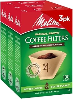 Melitta #4 Unbleached Coffee Filters, Natural Brown Cone Filters, 3-Pack | Flavor-Enhancing Microfine Perforations, Double Crimp Strength, FSC & BPI Compostable, For 8-12 Cup Brewers, 100 Ct, USA Made