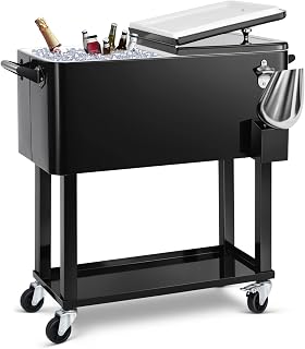 EDOSTORY 80 Qt Rolling Ice Chest Cooler Cart, Stand Up Cooler Trolley | Patio Beverage Cooler Trolley with Wheels,Outdoor Drink Bar Stand for Backyard Party, Includes Serving Tray, Ice Scoop