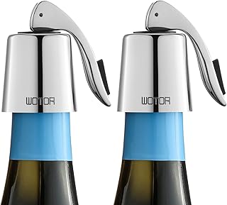 WOTOR Stainless Steel Wine Bottle Stoppers with Silicone, Silver, 2 Pack | Reusable Wine Saver and Decorative Bottle Sealer, Leak Proof Keep Fresh
