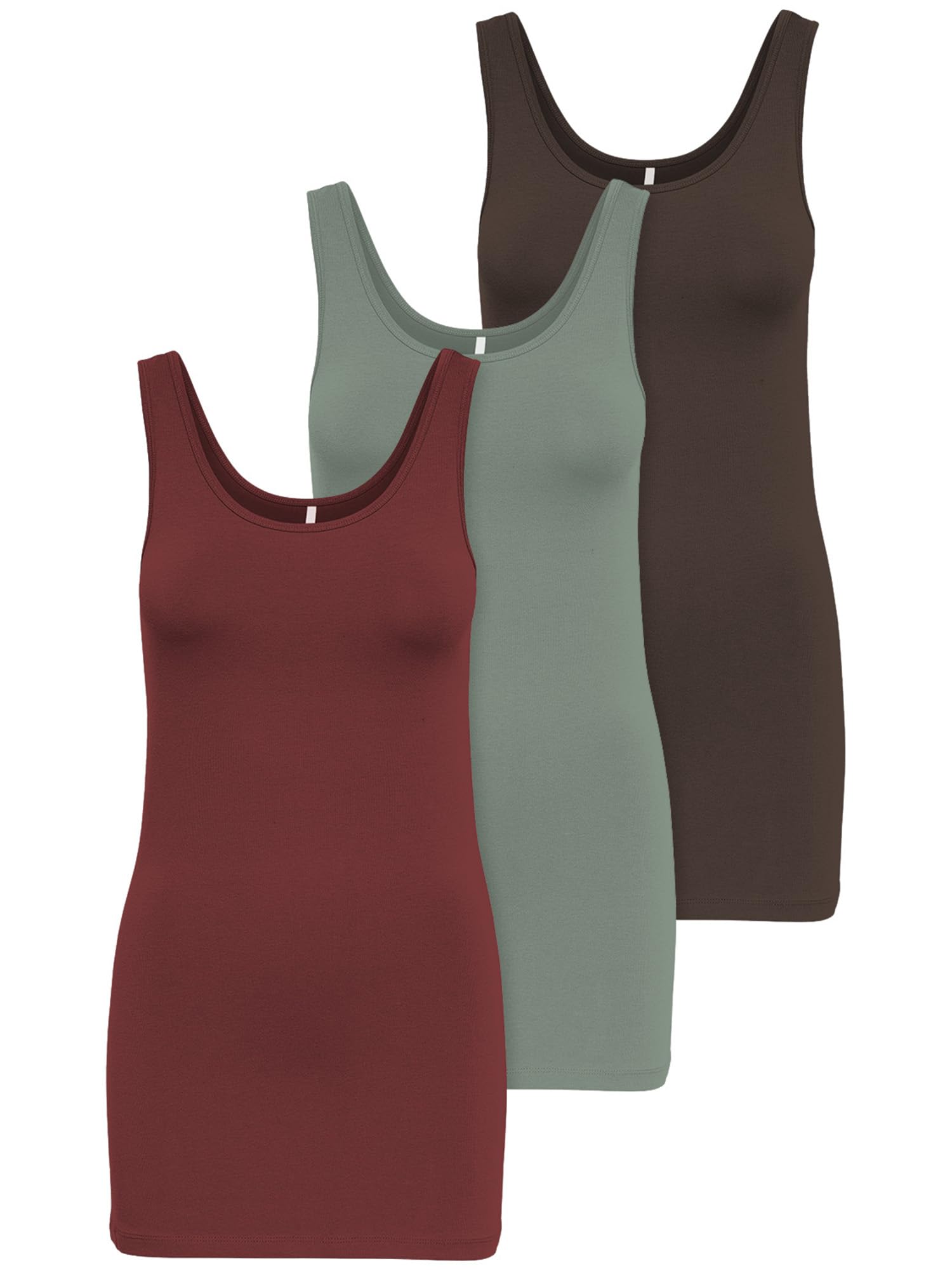 ONLY Pack of 3 Women's Tank Tops, White, Black, Grey, Blue and Cream, Basic Long