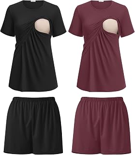 Ekouaer Conjunto de 2 pijamas de lactancia para mujer, pijama de maternidad de doble capa, conjunto de ropa de descanso posparto, camiseta y pantalones cortos para lactancia materna