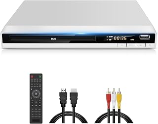 DVD Player Compact White, CD DVD Player for Home Stereo System, All Region DVD Players for TV with HDMI & AV Output & USB Input, 1080P Upscaling, Plays All Zones 1~6, Built-in PAL NTSC (Non-Blu-ray)