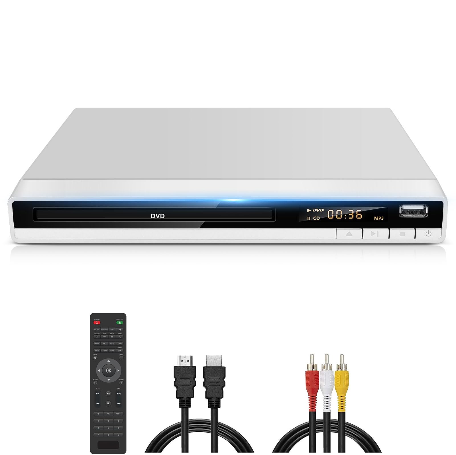 DVD Player Compact White, CD DVD Player for Home Stereo System, All Region DVD P