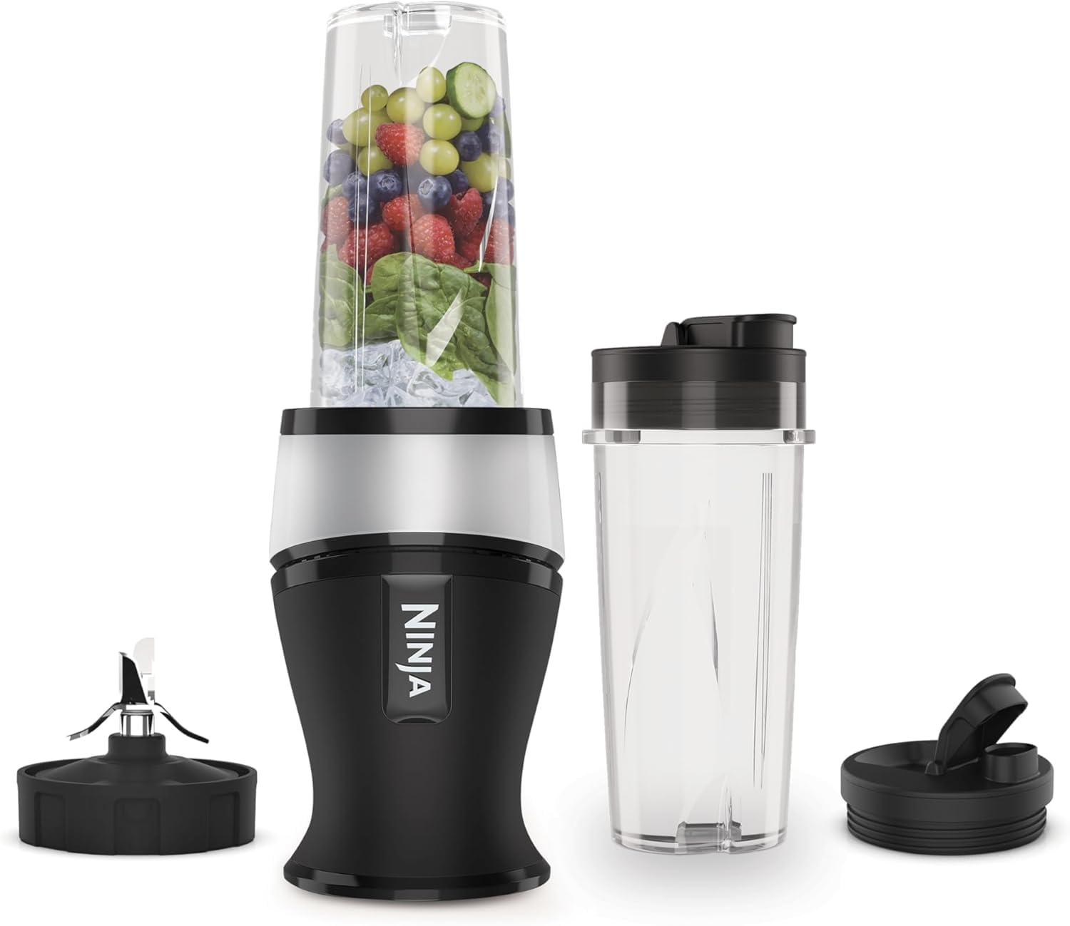 Ninja 700W Slim Blender & Smoothie Maker, Silver/Black QB3001UKS | Includes two 