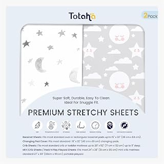 TotAha Premium Soft Pack n Play Sheets, Super Stretchy Jersey Knit Mini Crib Sheets Fitted, Silky Comfort Graco Pack and Play Mattress Sheets 2-Pack, Moon &amp; Grey Sky
