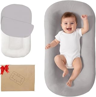 Lucakuins Baby Lounger, Bionic Design Baby Lounger for Newborn 0-24 Months, Soft Organic Cotton Breathable Lounger for Infants (Grey)