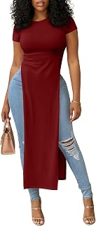 OPOIPIN Women's Crew Neck Split Slit Hem Short Sleeve Slim Fit Tee Top Long Shirt Tunic