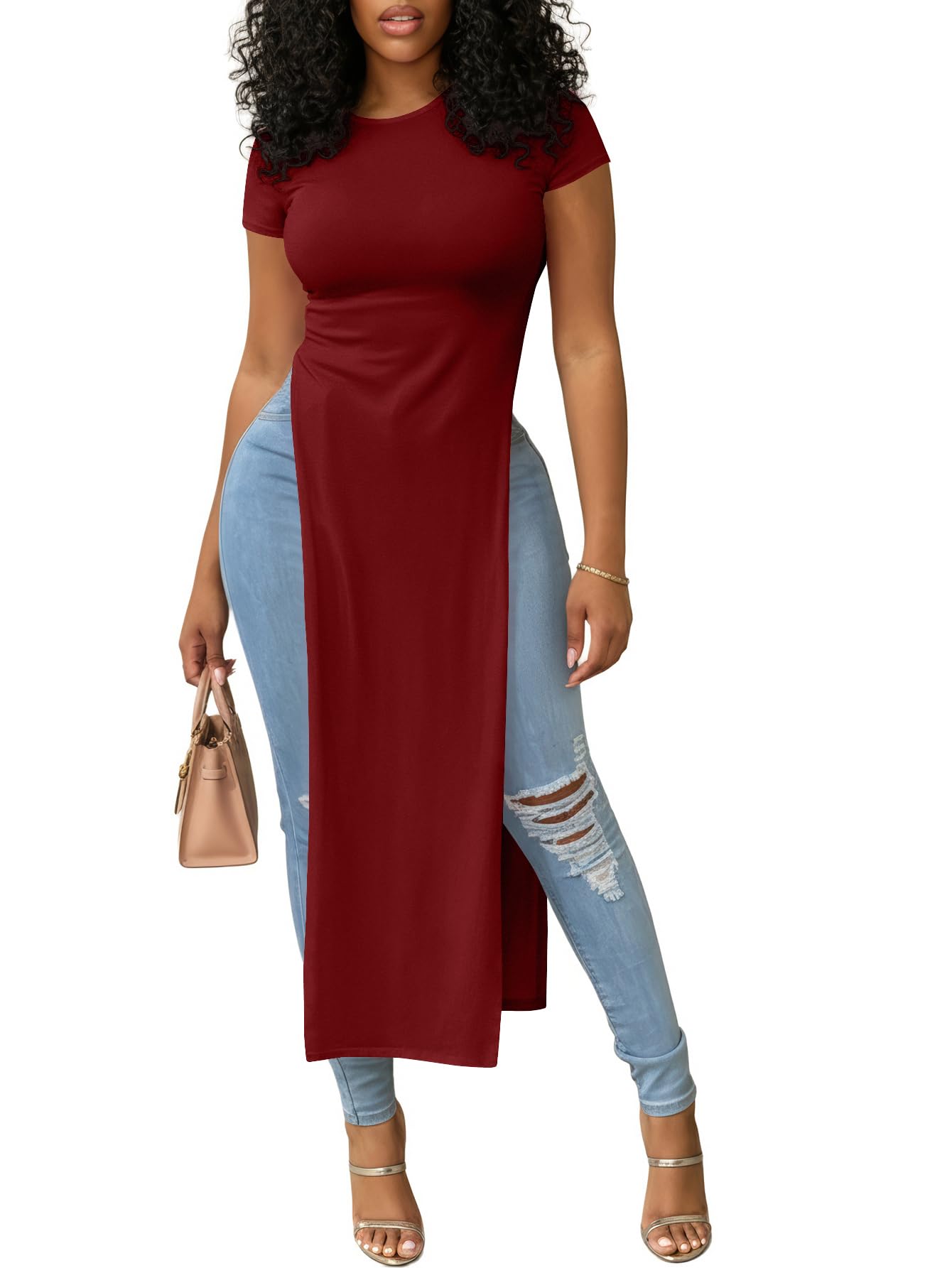 OPOIPIN Women's Crew Neck Split Slit Hem Short Sleeve Slim Fit Tee Top Long Shir