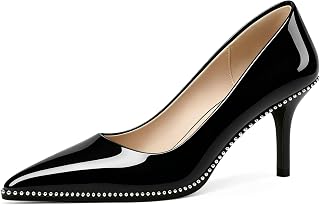 Women's Mid Stiletto Heels Low Kitten Heels Closed Pointey Toe Pumps Slip-on Sliver Beads Pumps Ladies Work Office Dress Shoes 2.5 Inches