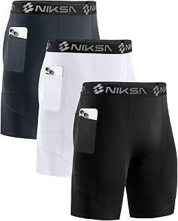 Niksa 3 Piece Compression Shorts for Men Basic Running Shorts with Mobile Phone Pocket Sports Shorts Quick Drying and Breathable