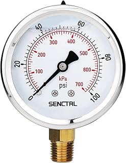 SENCTRL 0-100 Psi Liquid Filled Low Pressure Gauge, 1/4" NPT Lower Mount | 2.5" Dial Size, Glycerin Filled, Stainless Steel Case, for Water Pump, Pneumatic Air, Well, RV Hose, Tank, Gas Pressure Test