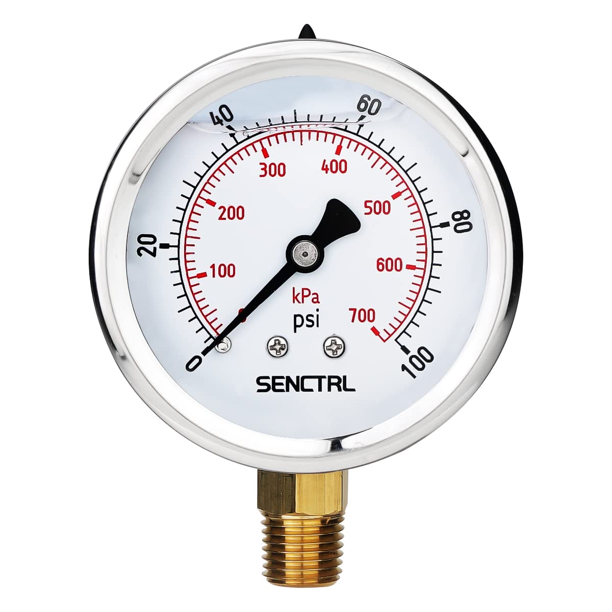 SENCTRL 0-100 Psi Liquid Filled Low Pressure Gauge, 1/4" NPT Lower Mount | 2.5" 