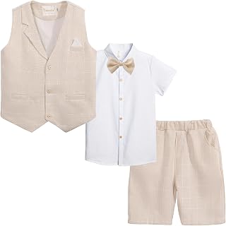 Lolanta Boys' Formal Suit, Checkered Pattern, Summer, Short Sleeve Shirt, Shorts, Vest, Bow Tie, Gray, For Weddings, Recitals, Shichi-Go-San, 4-Piece Set (90-160 cm)