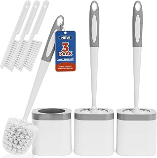Holaloha Toilet Brush and Holder Set, Space Saving, 3 Pack, White | Bathroom Accessories, Ergonomic Silicone Handle, Dense Bristles, Deep Cleaning, with 3 Crevice Brushes, Compact Design