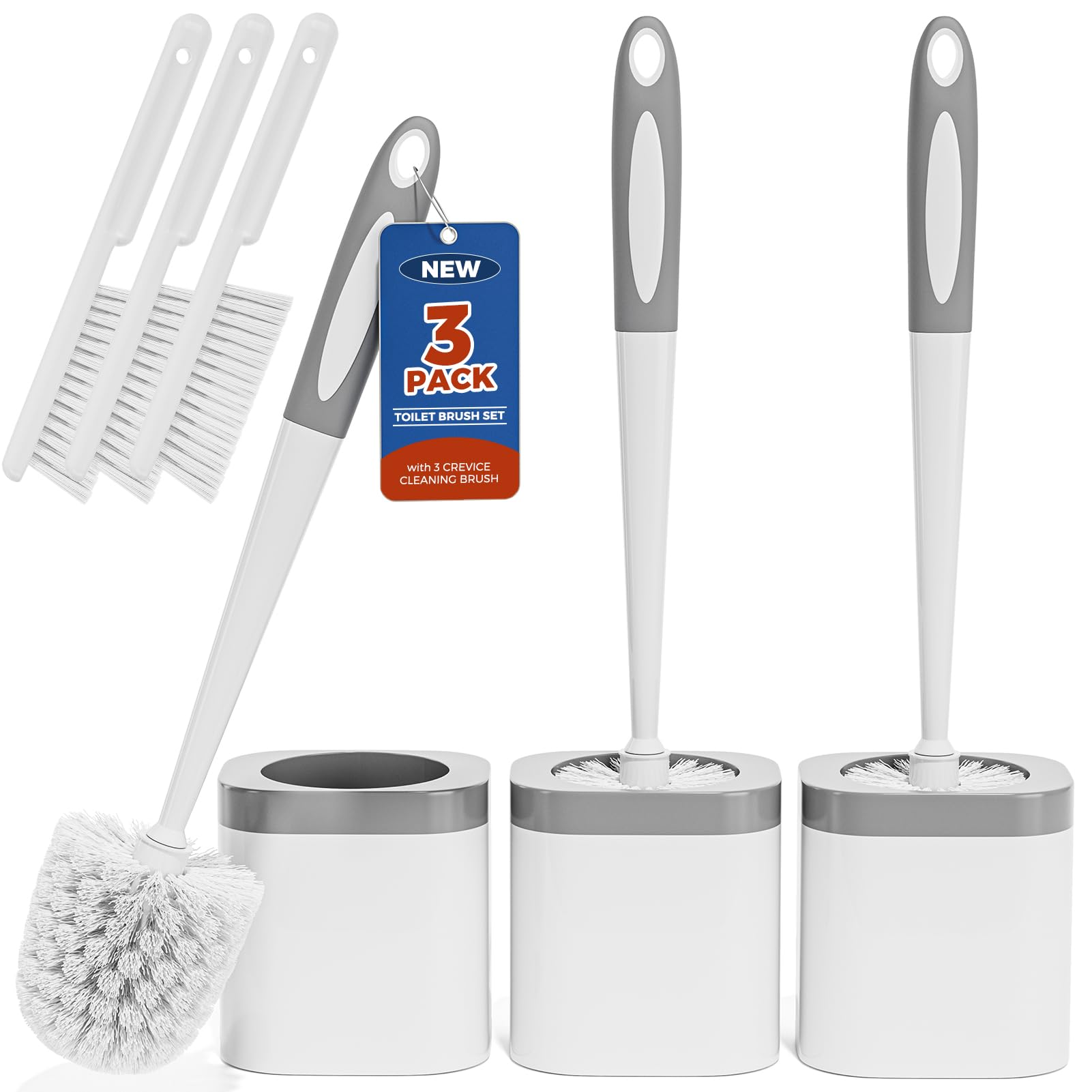 Holaloha Toilet Brush and Holder Set, Space Saving, 3 Pack, White | Bathroom Acc