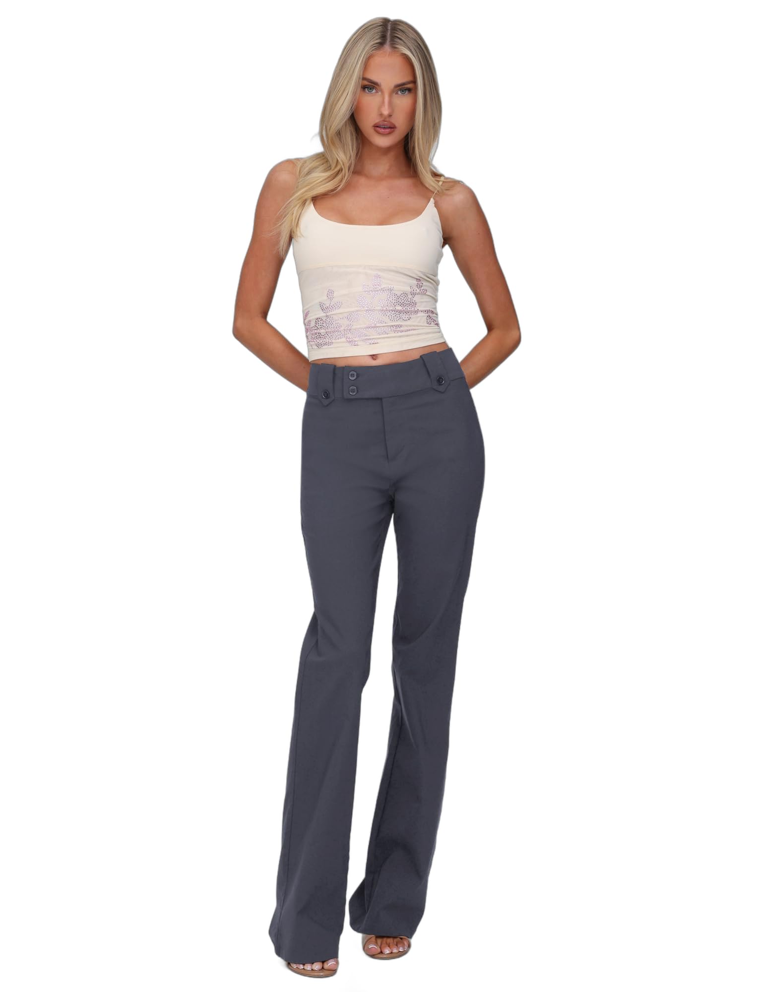 Tiger Mist Women's Kittie High-Rise Trousers with Buttoned Waistband and Flare L