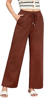 Enmain Women's Summer Linen Trousers Elastic Waist Casual Lightweight Loose Pants with Pockets for Holiday Beach or Walking