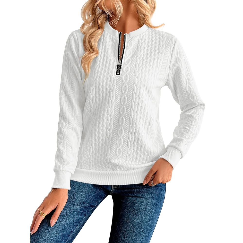 Women's Long Sleeve Zip Neck Quilted Sweatshirt Solid Texture Casual Loose Fall 