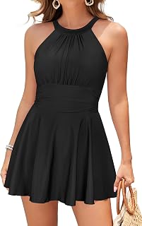 SHEKINI Women's High Neck One Piece Swimdress Ruched Tummy Control Swimsuit