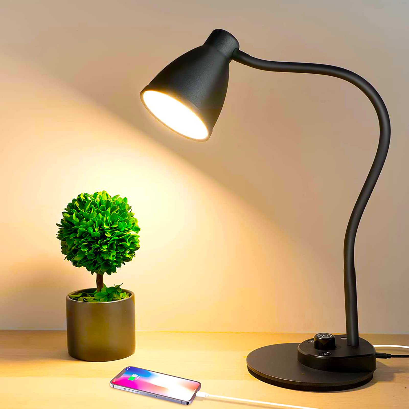BOHON LED Desk Lamp with USB Charging Port 3 Color Modes Dimmable, Black | Readi