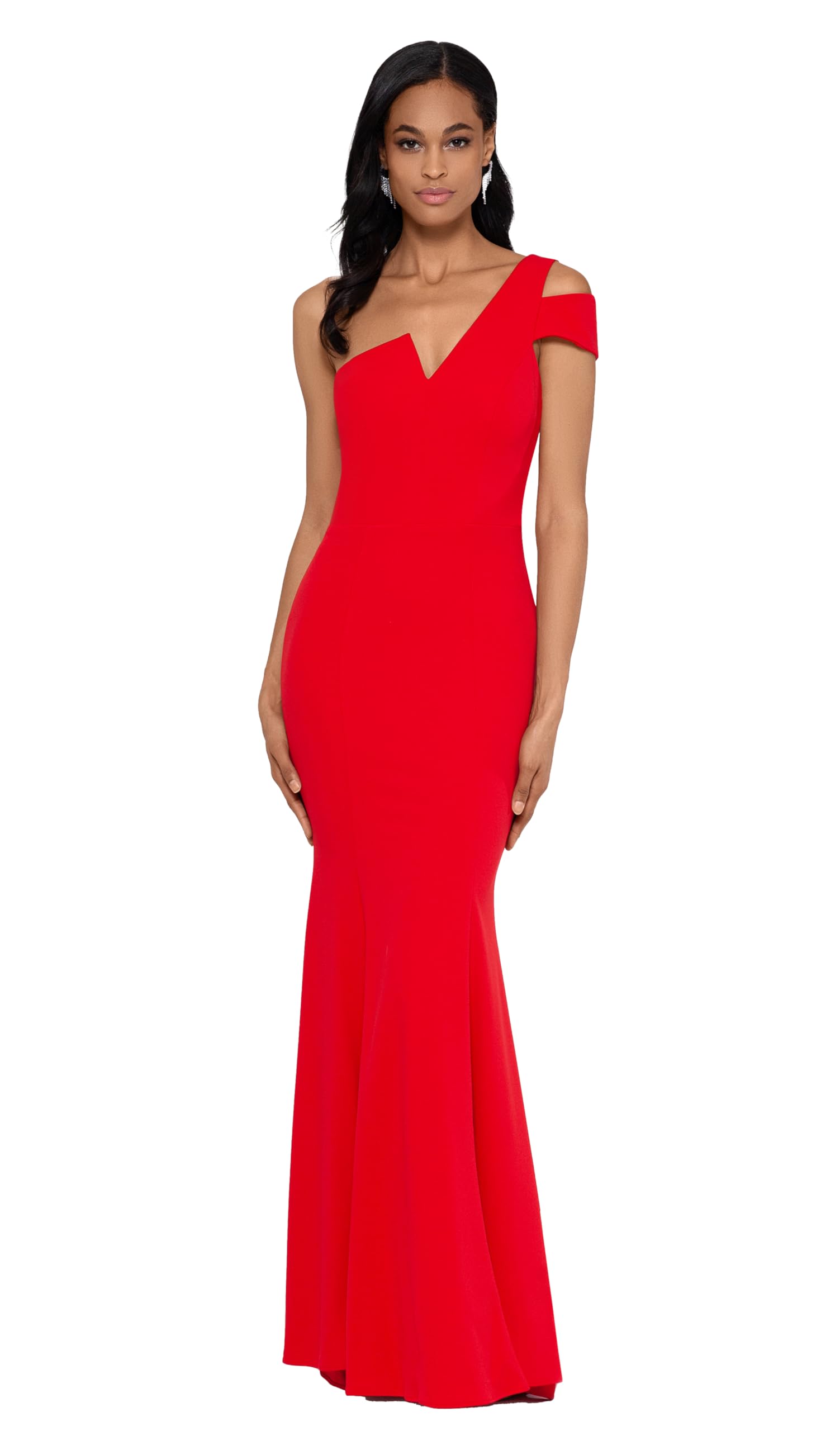 Betsy & Adam Long Slim One Shoulder Dress | Cold Shoulder Evening Gown