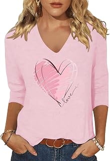 Vircreate Womens 3/4 Sleeve V Neck T-Shirts Valentina's Day Spring Shirts Love Heart Graphic Tee Tops