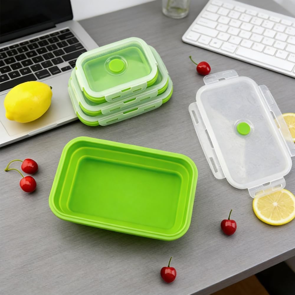 Collapsible Reusable Lunch Containers, Silicone Bento Box with Airtight Lid, Lar