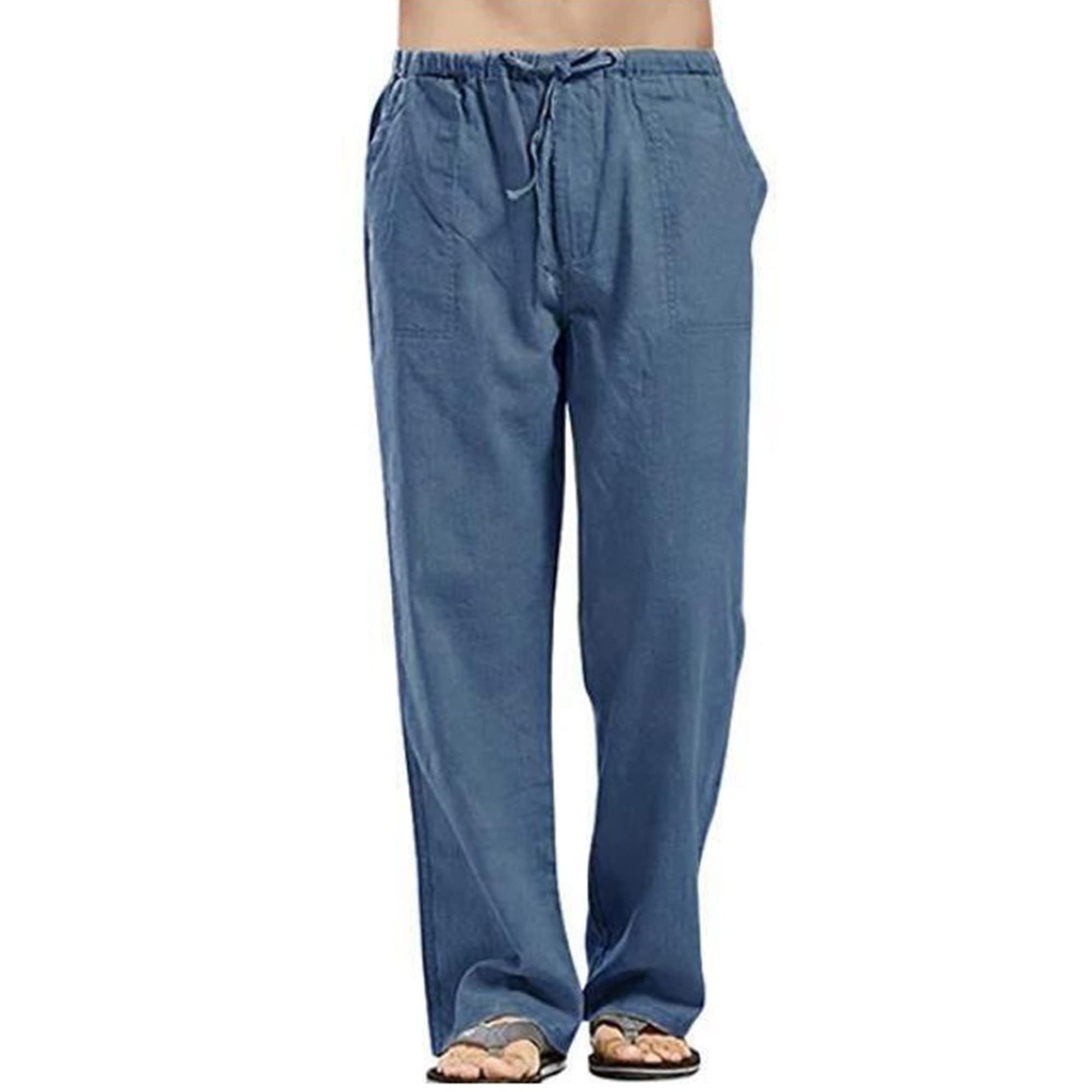 Men's Linen Plain Relaxed Fit Casual Yoga Pants Straight Leg Pants