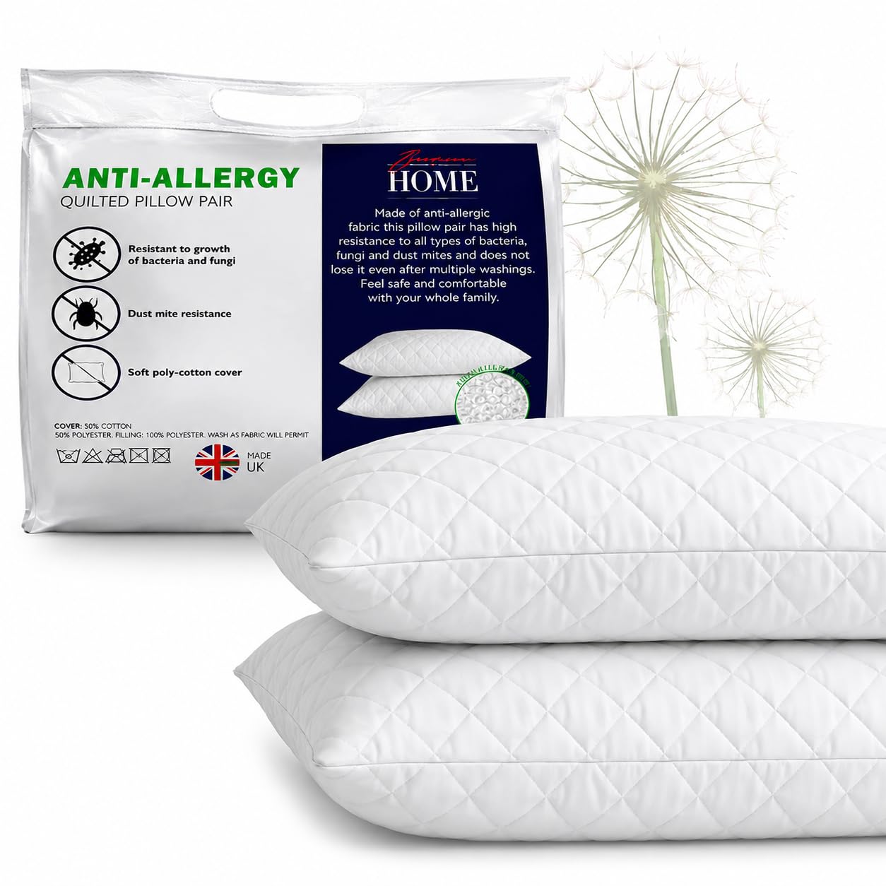 Adam Home Pillows 2 Pack Hotel Quality with Quilted Cover Hypoallergenic & Dust 