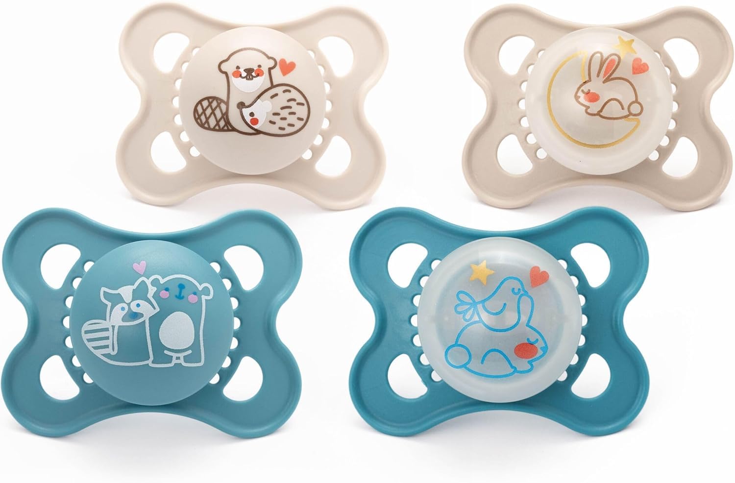 MAM Original Dummies, 0-6M, 4 Pack, 2X Day and 2X Night, Blue/Linen | Orthodonti