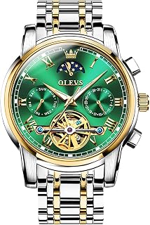 Olevs, Mens Stainless Steel Swiss Mechanical Watch Automatic Winding Waterproof Luminous Display Date Black Dial Watches Green Dial for Men