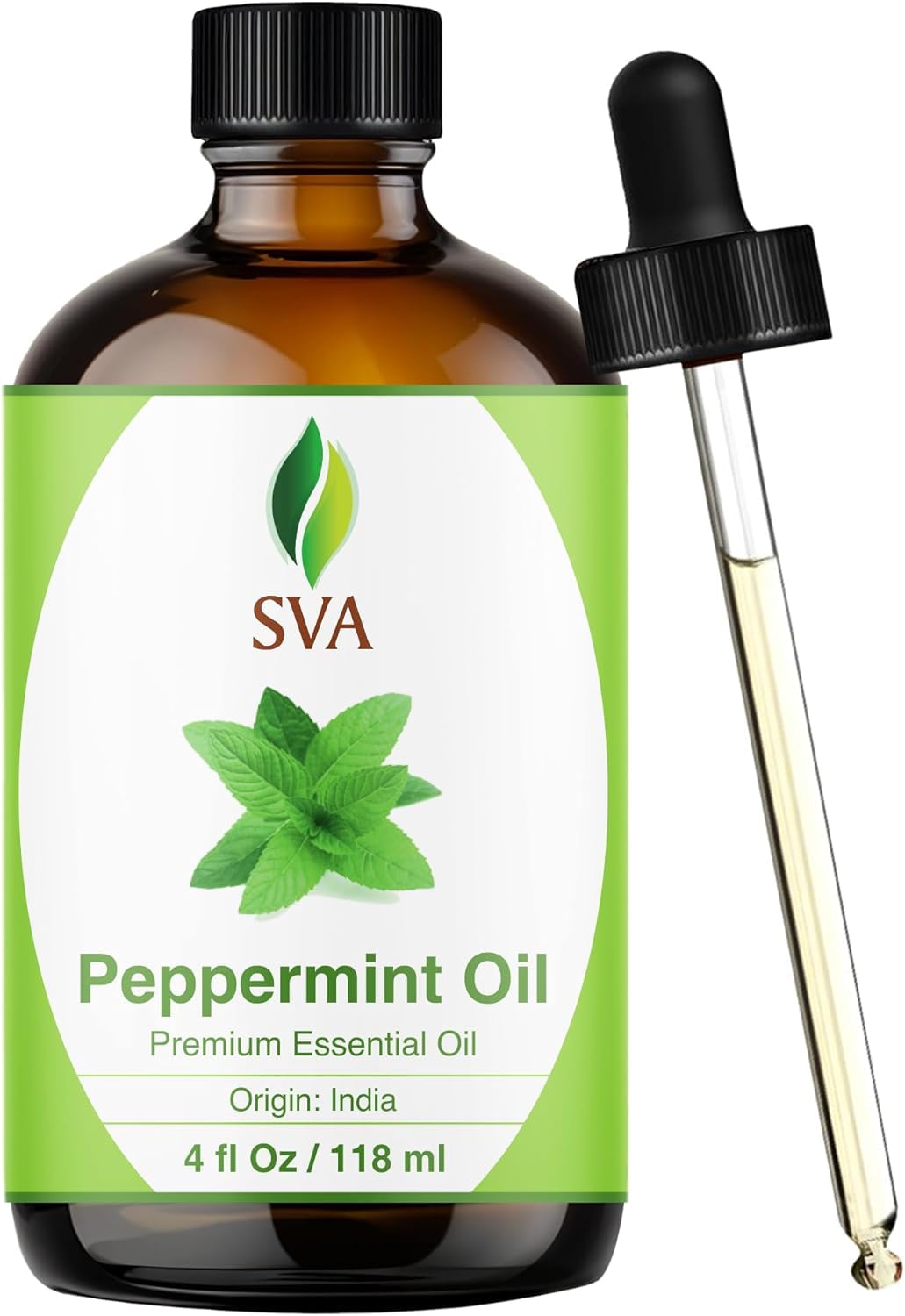 SVA Peppermint Essential Oil, Glass Bottle with Dropper, 4 Fl Oz (118 ml) | Pepp