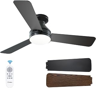 Amico 42 Inch Black Low Profile Ceiling Fans with Lights and Remote | Flush mount, 3-color dimmable light, quiet reversible DC motor, easy install, memory, timer, bedroom, covered outdoor areas