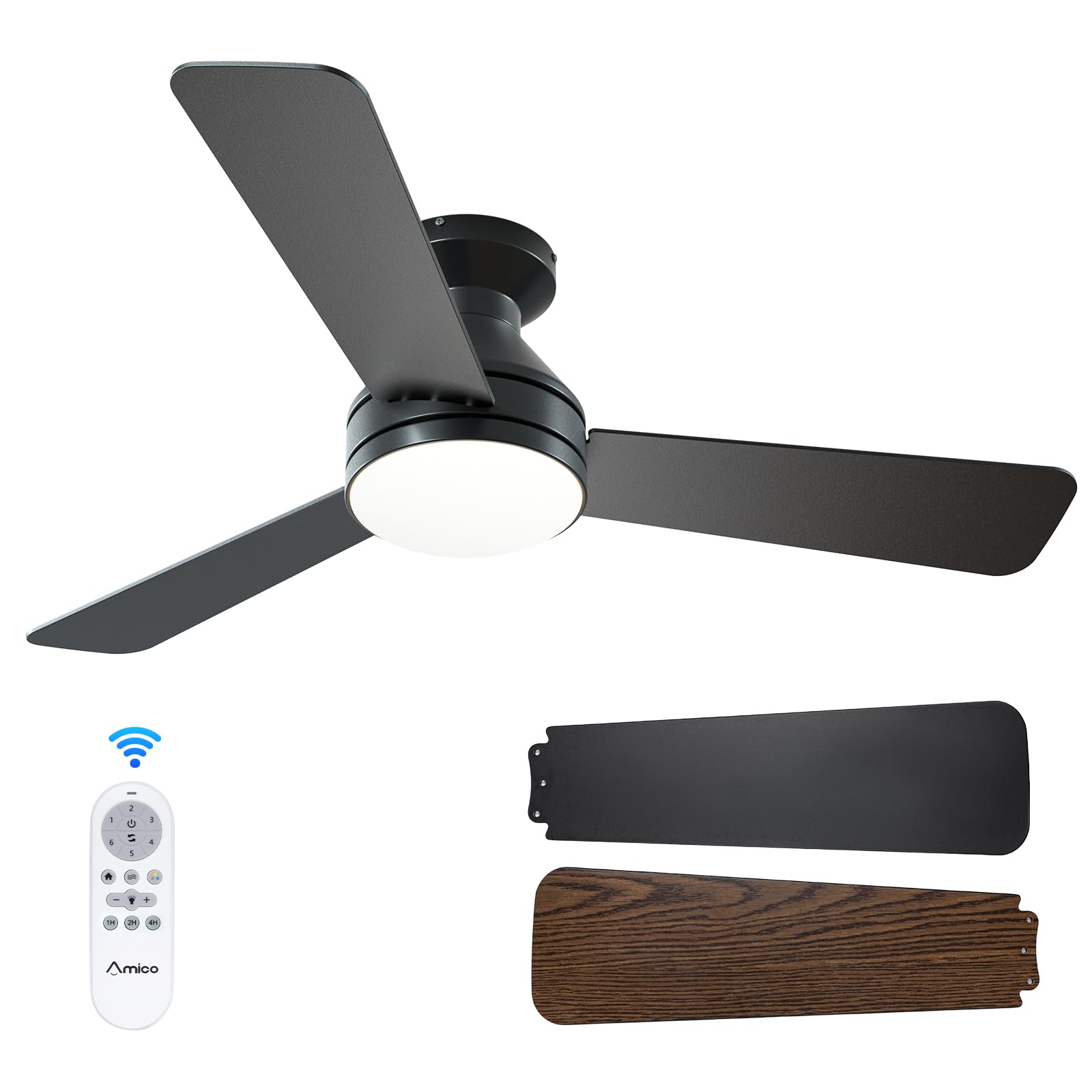 Amico 42 Inch Black Low Profile Ceiling Fans with Lights and Remote | Flush moun