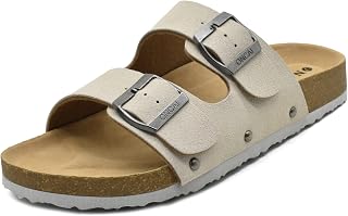 ONCAI Mules Sandals for Men Open Toe, Leather Comfortable Beach Buckle Clogs Sandals for Men Summer Cork Slippers for Men