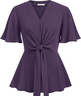 GRACE KARIN Women's Elegant V-Neck Tie Waist Flowy Peplum Shirt Tops