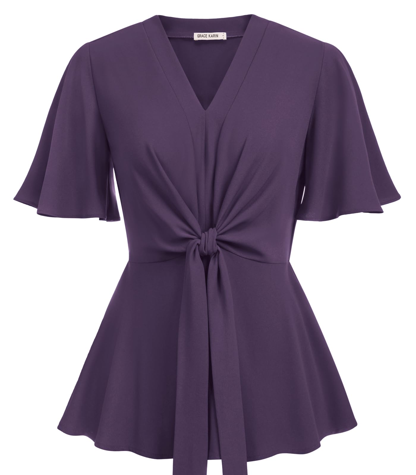 GRACE KARIN Women's Elegant V-Neck Tie Waist Flowy Peplum Shirt Tops