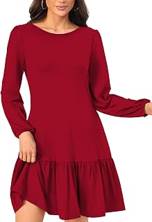 Women's Fashionable Long-Sleeved Loose-Fitting Mini Dress Crew Neck with Backless Bow Tie Flowing Ruffled Hem Dress