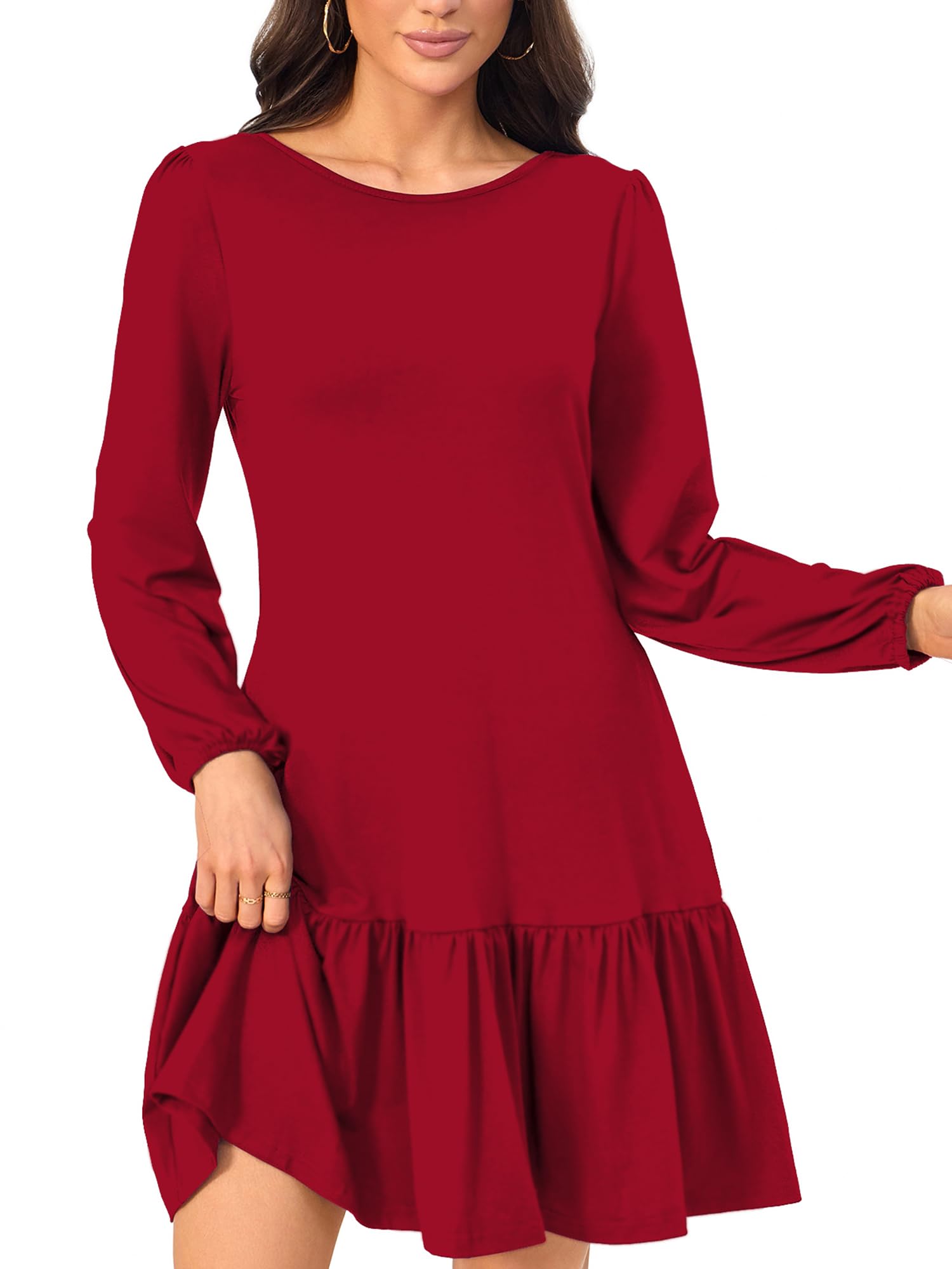 Women's Fashionable Long-Sleeved Loose-Fitting Mini Dress Crew Neck with Backles