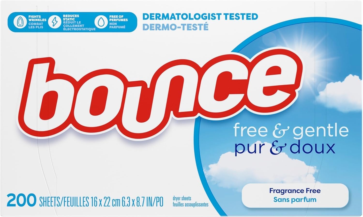 Bounce Dryer Sheets Free & Gentle, Unscented And Hypoallergenic For Sensitive Sk