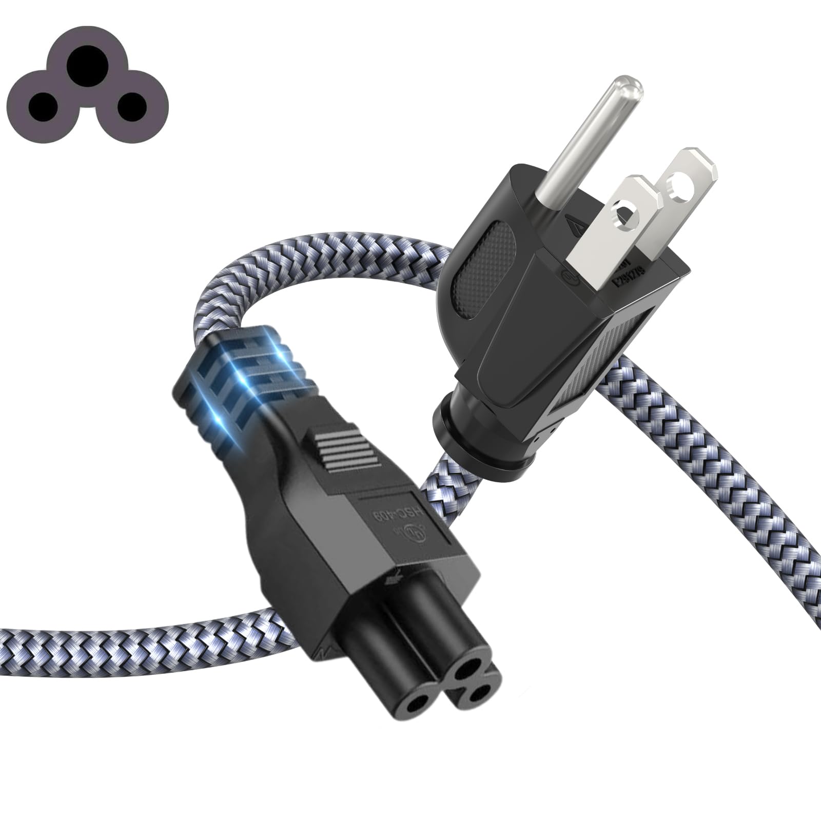 3 Prong AC Laptop Power Cord Nylon Braided Universal Power Cable for Dell HP LG 