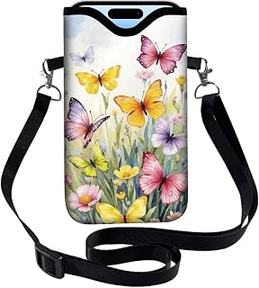 PRESSINART Phone Crossbody Sleeve Butterfly Phone Pouch Wildflowers Neoprene Nylon Waterproof Phone Bag Case with Strap Neck Lanyard Protective Carrying Cover Fits Most Smartphones 7.1 x 3.9 Inch