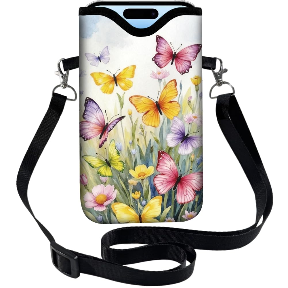 PRESSINART Phone Crossbody Sleeve Butterfly Phone Pouch Wildflowers Neoprene Nyl