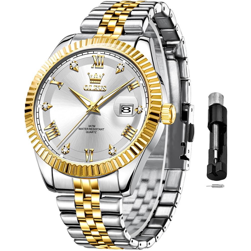 OLEVS Mens Classic Analog Luxury Stainless Steel Waterproof Date Two Tone Lumino