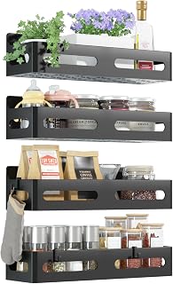 Sevenblue 4-Pack Magnetic Spice Rack for Refrigerator with Hooks, Black | Strong multipurpose magnetic shelf for kitchen & bathroom organization. Includes 4 removable hooks for hanging items.