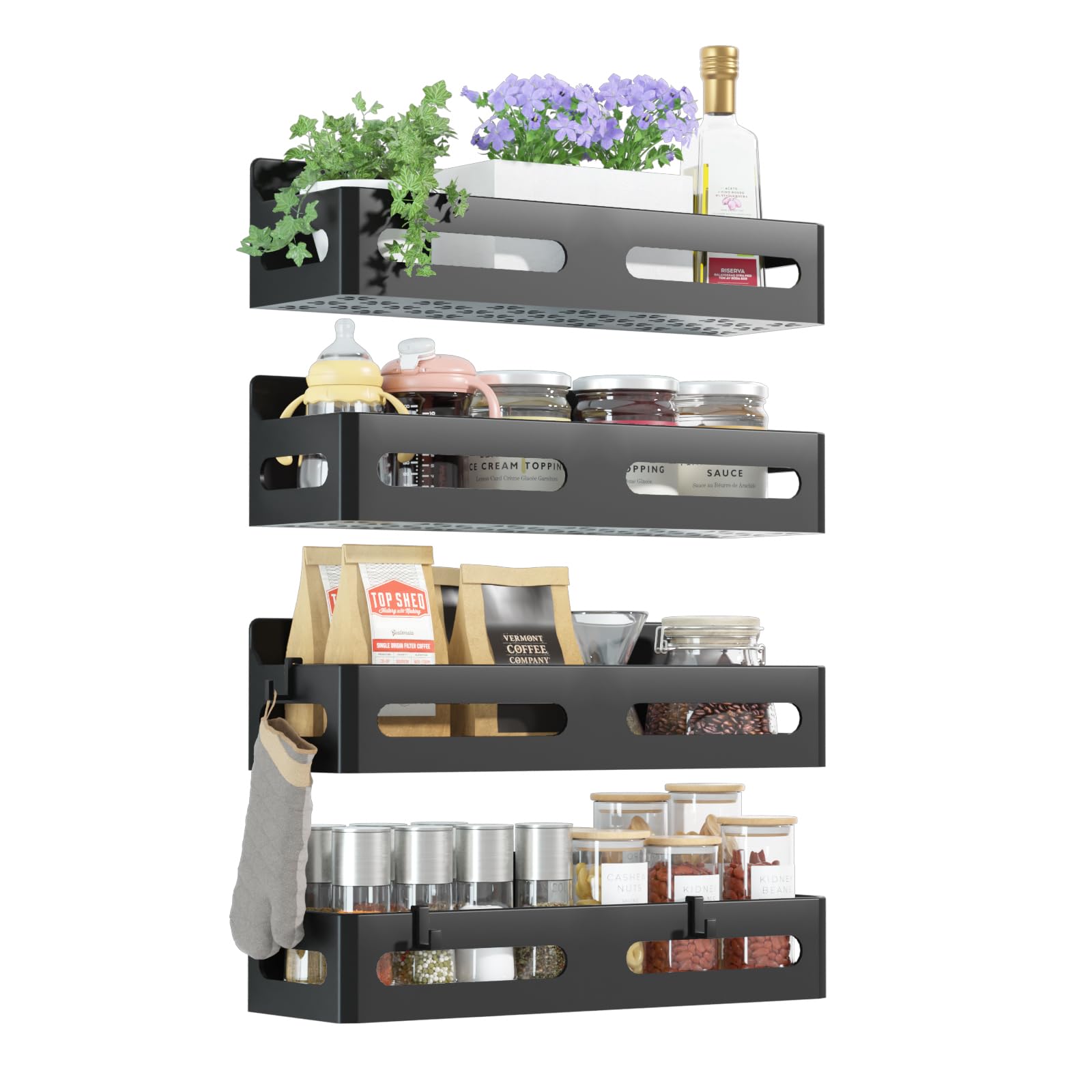 Sevenblue 4-Pack Magnetic Spice Rack for Refrigerator with Hooks, Black | Strong