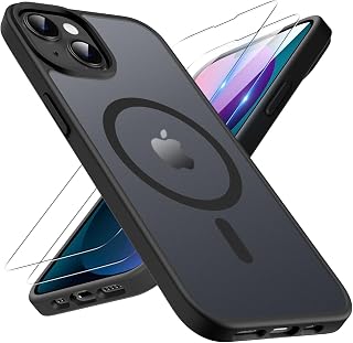 TQIAHF Magnetic Phone Case Cover for iPhone 13 / iPhone 14, Black | with 2 Tempered Glass Screen Protector Compatible with MagSafe Military Grade Shockproof Protective Slim Translucent Matte